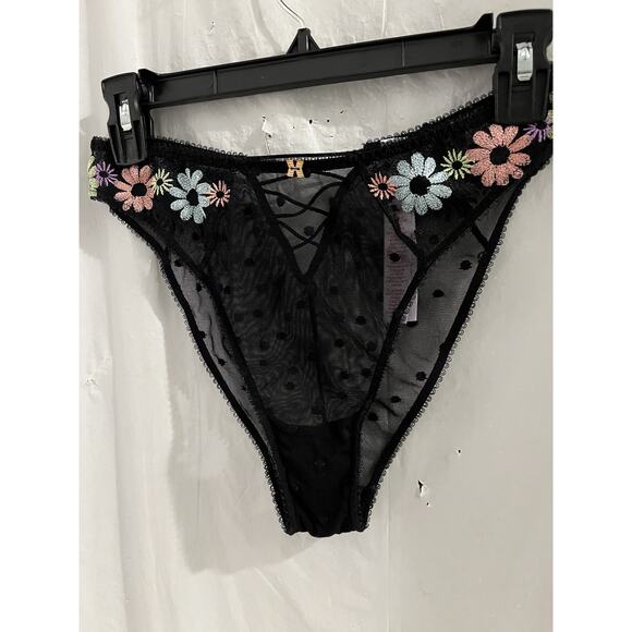 Savage X Fenti Black Mesh Floral Embroidered Polka Dot High Leg Bikini Panties M - Picture 2 of 11